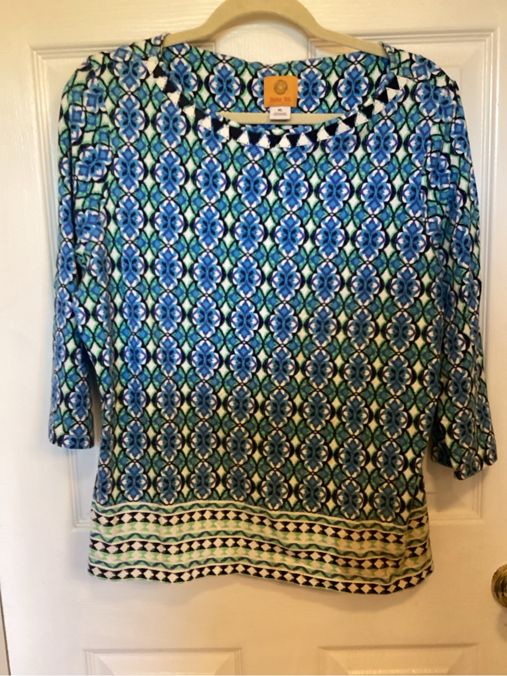 Ruby Rd. Blue and Green Geometric 3/4 Sleeve Tunic